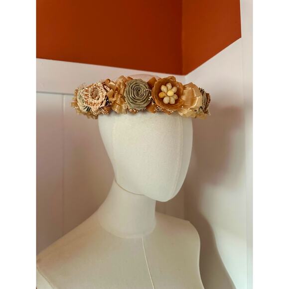 Vintage Floral Crown Bohemian Hippie wedding Wicker Neutral Natural Earthy Beach - Picture 2 of 8